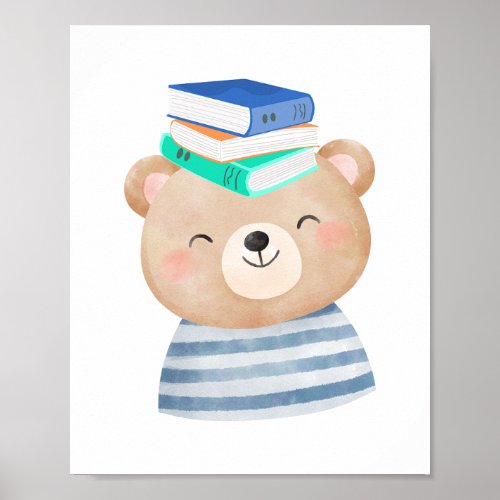Bear Reading Book Lover Kids Nursery Poster