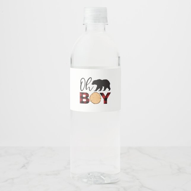 Bear Red Buffalo plaid baby shower Water Bottle Label (Front)