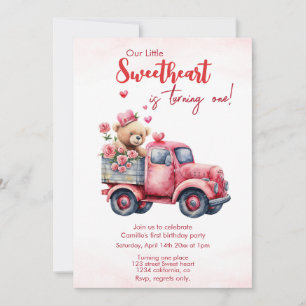 Bear Red Hearts Truck Birthday Invitation