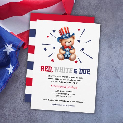 Bear Red White Due Boy Baby Shower 4th Of July Invitation