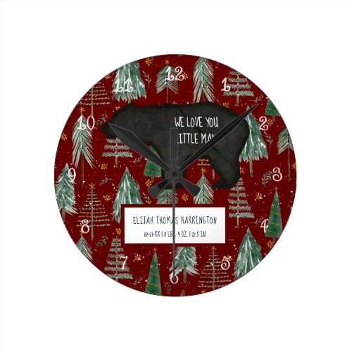 Bear Red Woodland Forest Baby Boy Birth Stats Round Clock
