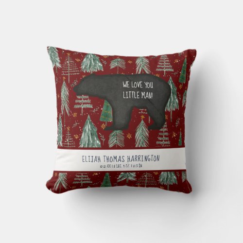 Bear Red Woodland Forest Baby Nursery Birth Stats Throw Pillow