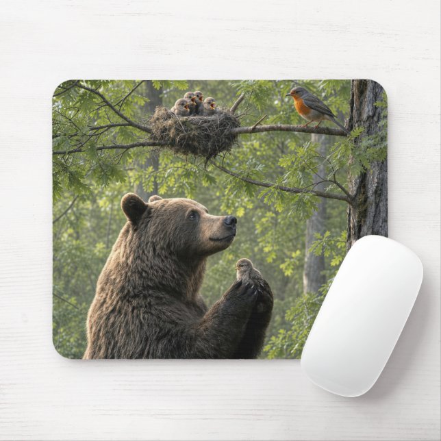 Bear Rescuing a Baby Robin Mouse Pad (With Mouse)