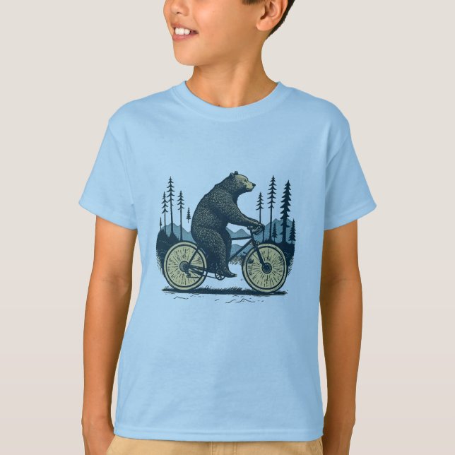 Bear riding a bicycle through the woods T-Shirt (Front)