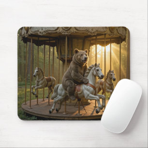 Bear Riding a Carousel Horse in a Forest Mouse Pad