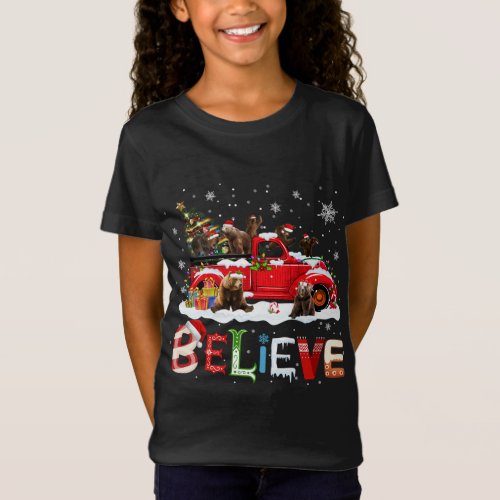 Bear Riding Red Truck Christmas Tree Believe Santa T_Shirt