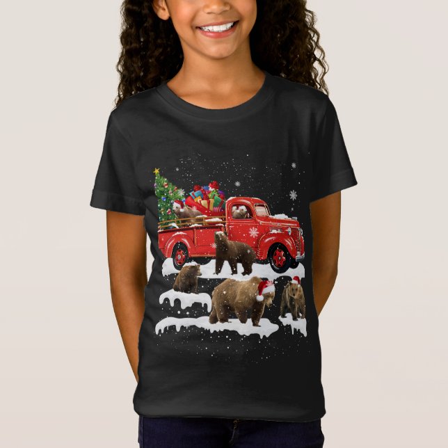 Bear Riding Red Truck Merry Christmas X-mas Ugly G T-Shirt (Front)