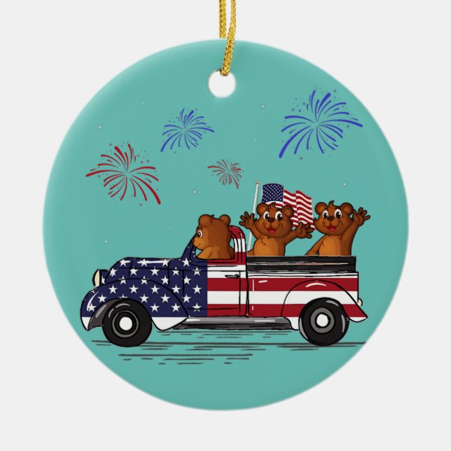 Bear Riding Truck American Flag Fireworks Funny Ceramic Ornament (Front)