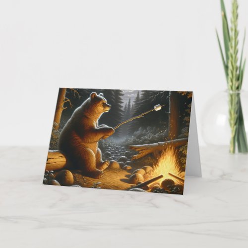 Bear Roasting a Marshmallow Over Campfire Card