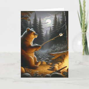 Bear Roasting a Marshmallow Over Campfire Card