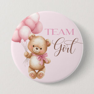 Bear round pin for gender reveal team girl.