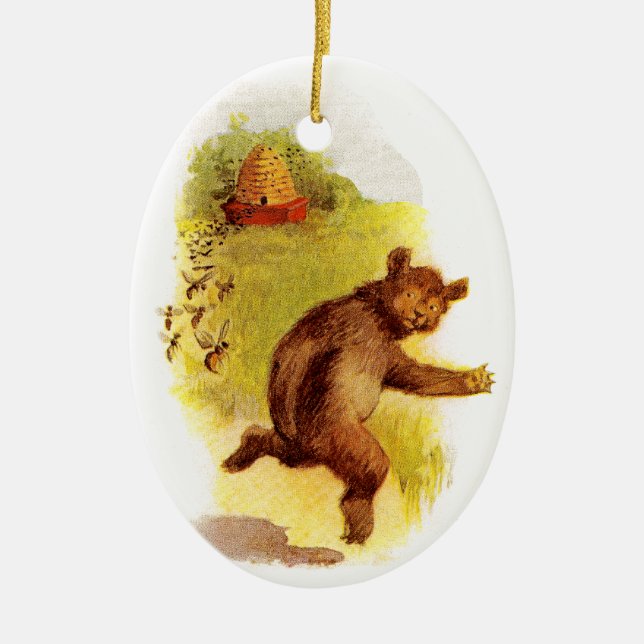 Bear Running From Bees Ceramic Ornament (Front)