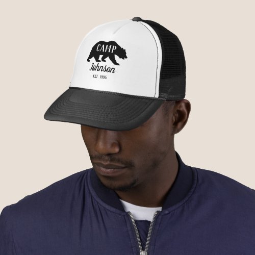 Bear Rustic Family Camp Black Trucker Hat