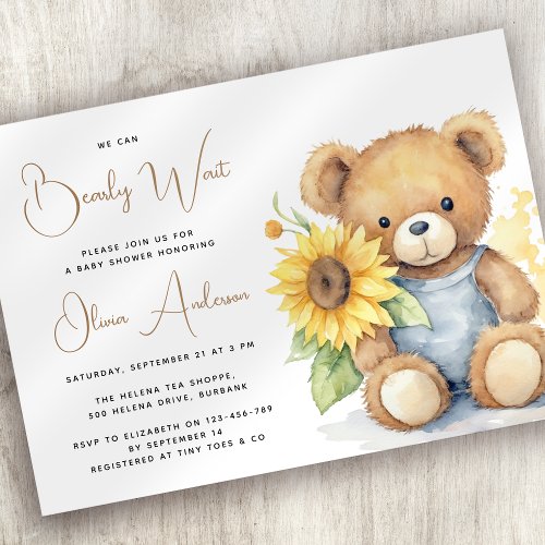 Bear Rustic Sunflower Bearly Wait Baby Shower Invitation