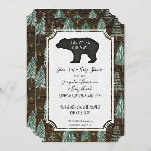 Bear Rustic Wood Woodland Forest Baby Boy Shower Invitation