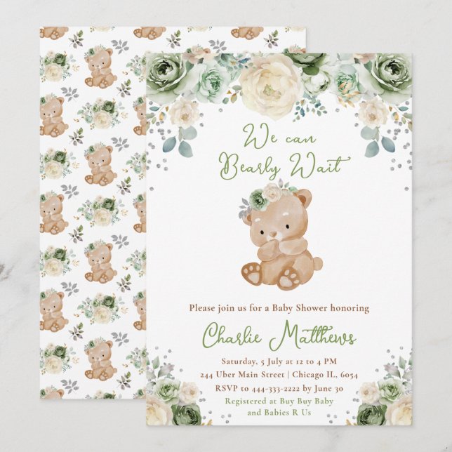 Bear Sage Green and Ivory Flowers Baby Shower Invitation (Front/Back)