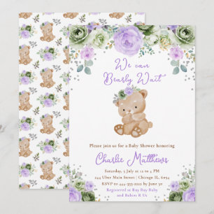 Bear Sage Green and Purple Flowers Baby Shower Invitation
