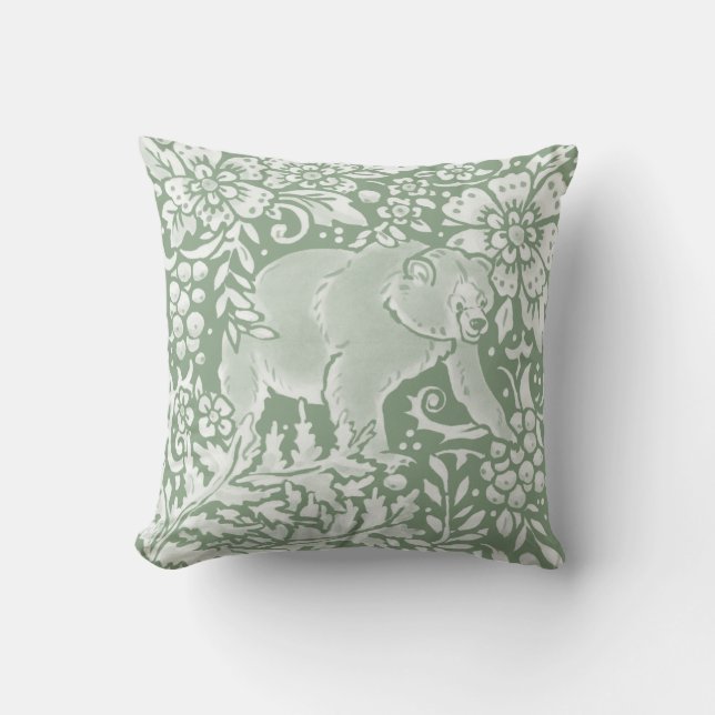 Bear Sage Green Woodland Animal Floral Forest Throw Pillow (Front)