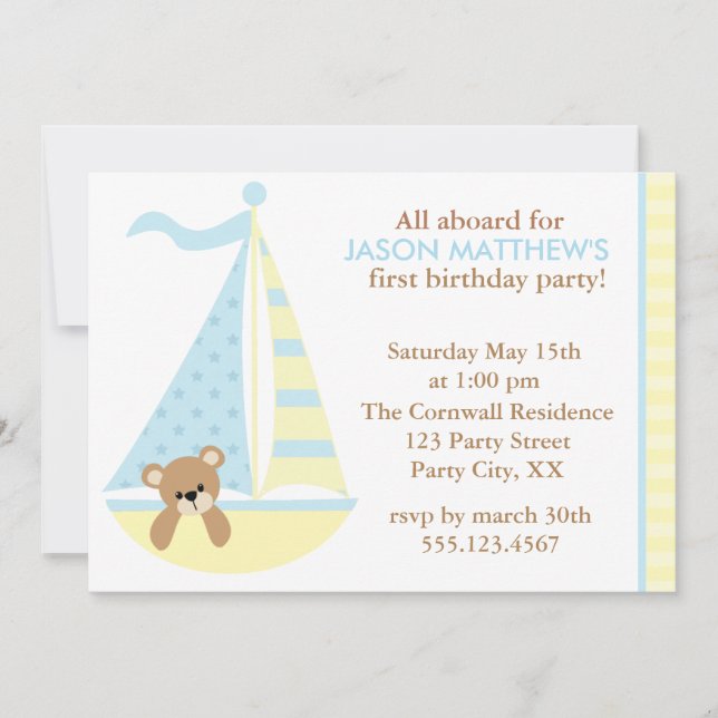 Bear Sailboat Birthday Party Invitations (Front)