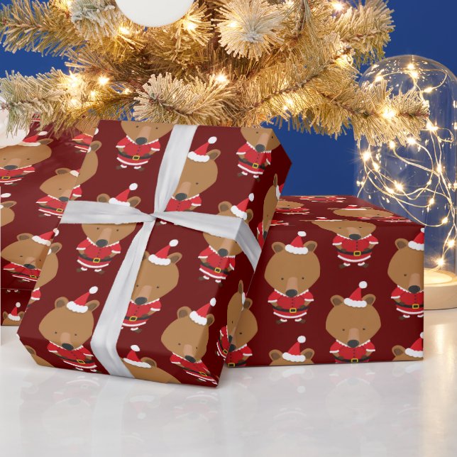 Bear Santa Hat Burgundy Christmas Holiday Wrapping Paper (Holidays)