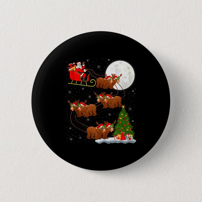 Bear Santa Sleigh Flying Funny Magical Christmas T Button (Front)