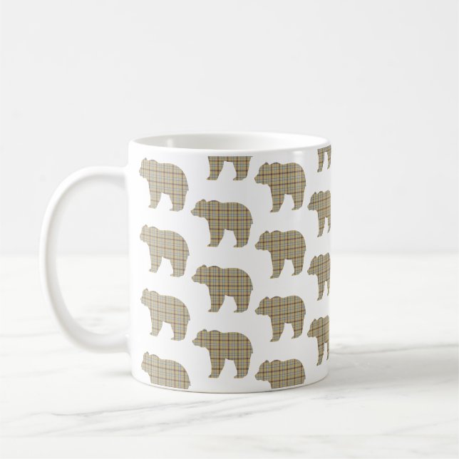 Bear Shape Plaid Tan Brown Cabin Core Coffee Mug (Left)