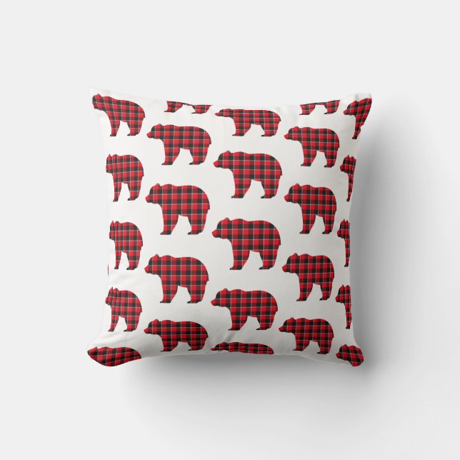 Bear Shaped Plaid Red Black Buffalo Throw Pillow (Front)