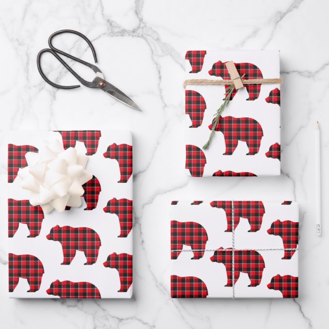 Bear Shaped Plaid Red Black Buffalo Wrapping Paper Sheets (Front)
