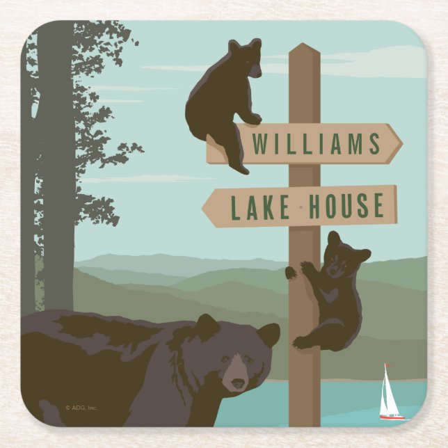 Bear Sign Post Square Paper Coaster (Front)