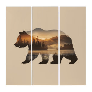Bear Silhouette Design with Sunset View Triptych