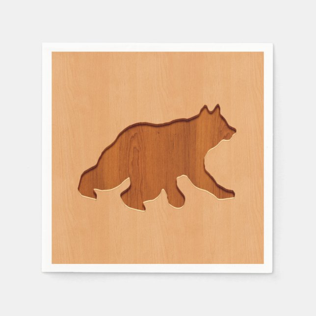 Bear silhouette engraved on wood design napkins (Front)