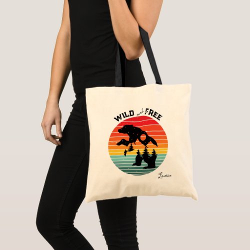 Bear Silhouette Stripe Retro Wild Free Tote Bag