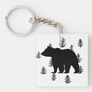Bear Silhouette Trees Wilderness Mountain Keychain