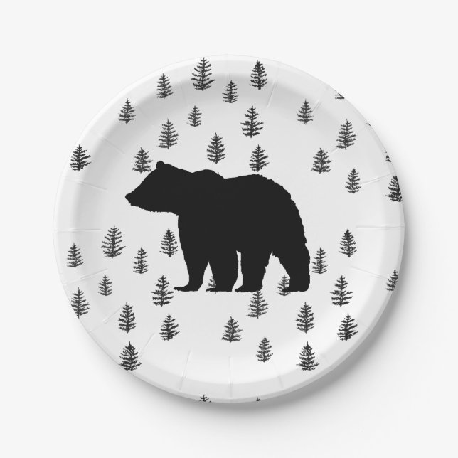 Bear Silhouette Trees Wilderness Mountain Paper Plates (Front)