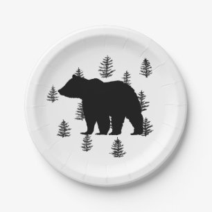 Bear Silhouette Trees Wilderness Mountain Paper Plates