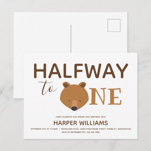 Bear Six Month Baby Half Birthday Invitation Postcard (Front/Back)