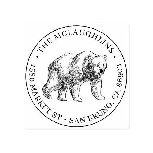 Bear Sketch  Round Family Name  Return Address Rubber Stamp