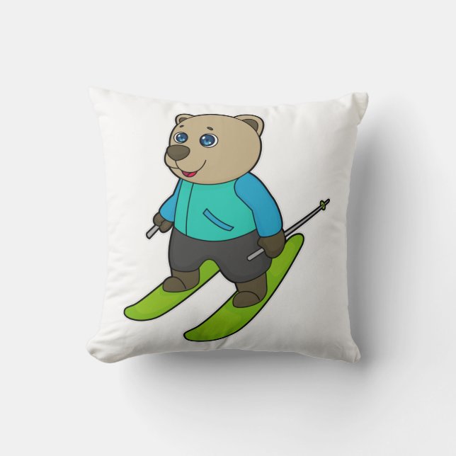 Bear Skier Ski Throw Pillow (Front)