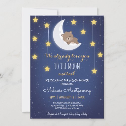 Bear Sleeping Love You The Moon Back Baby Shower Invitation