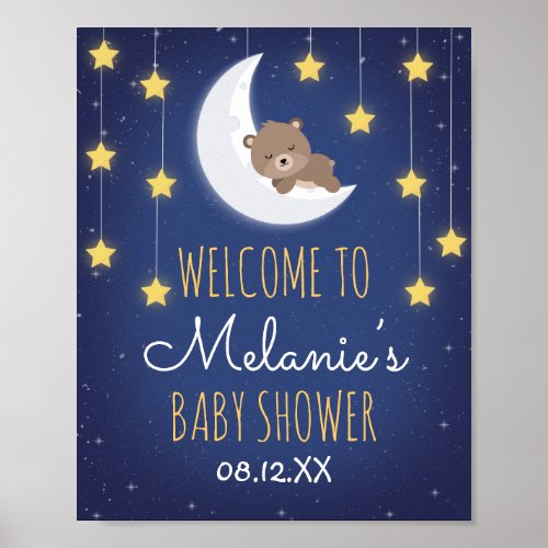 Bear Sleeping Love You The Moon Back Baby Shower Poster
