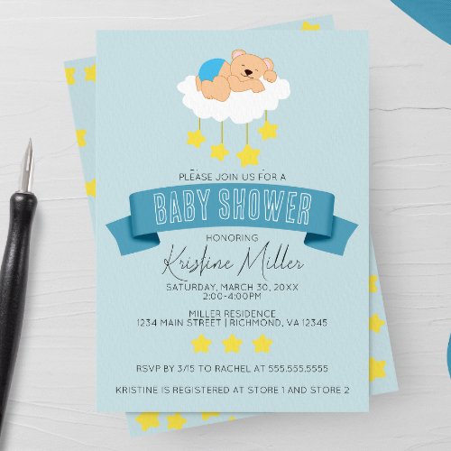 Bear Sleeping on Clouds Baby Shower Invitation