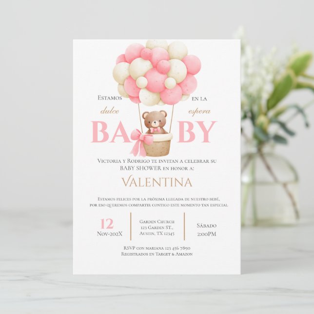 Bear Spanish Baby Shower Girl invitation (Standing Front)