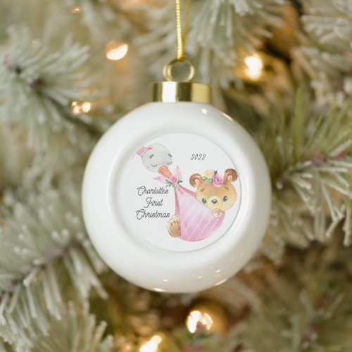 Bear Special Delivery Babys First Christmas   Ceramic Ball Christmas Ornament