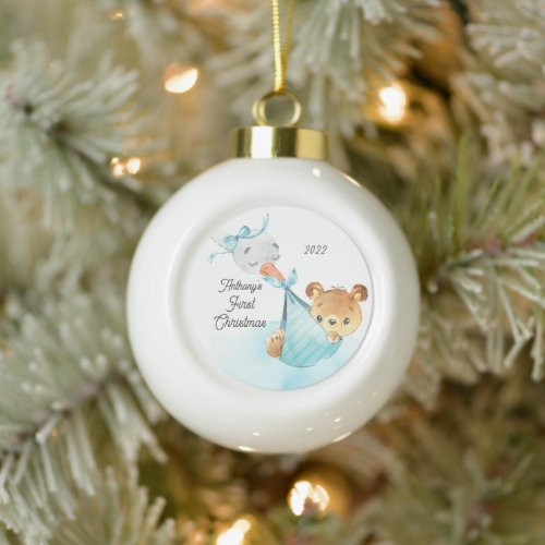 Bear Special Delivery Babys First Christmas  Ceramic Ball Christmas Ornament