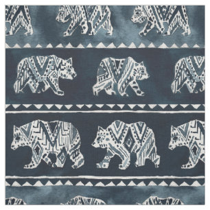 BEAR SPIRIT Indigo Boho Tribal Pattern Fabric