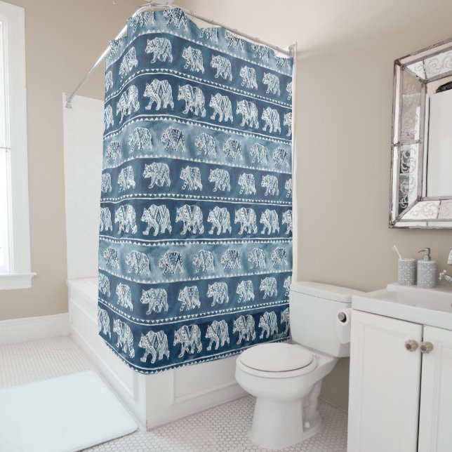 BEAR SPIRIT Navy Boho Tribal Pattern Shower Curtain (In Situ)