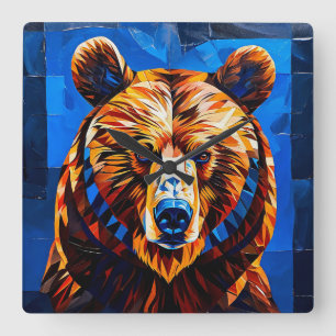 Bear Stained Glass Square Wall Clock