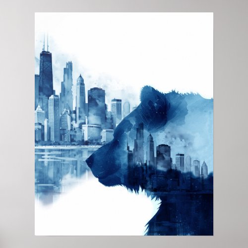 Bear Stock Market Watercolor Art Chicago Skycape Poster