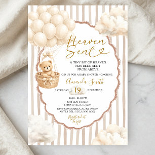 Bear Stripe Beige Balloon Heaven Sent Baby Shower Invitation