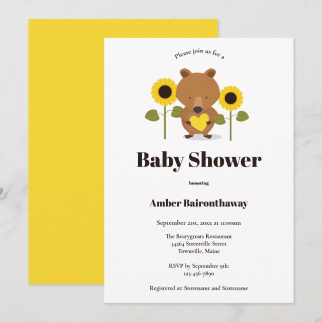 Bear Sunflowers Baby Shower Invitation (Front/Back)